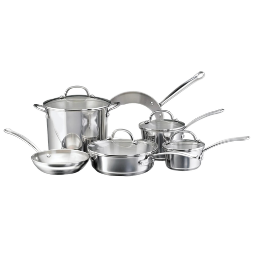 10-piece stainless steel cookware set including saucepans, frying pans, stockpot, and lids, featuring durable construction with encapsulated aluminum cores, ideal for kitchen and cookware collections.