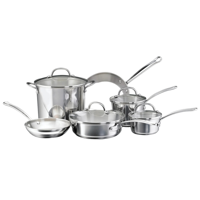 10-piece stainless steel cookware set including saucepans, frying pans, stockpot, and lids, featuring durable construction with encapsulated aluminum cores, ideal for kitchen and cookware collections.