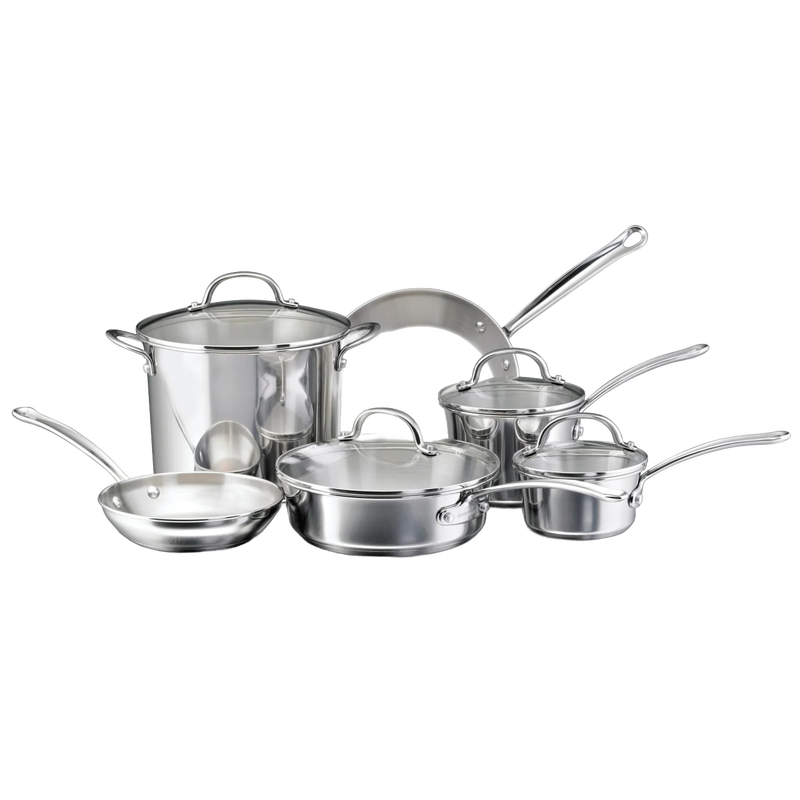 10-piece stainless steel cookware set including saucepans, frying pans, stockpot, and lids, featuring durable construction with encapsulated aluminum cores, ideal for kitchen and cookware collections.