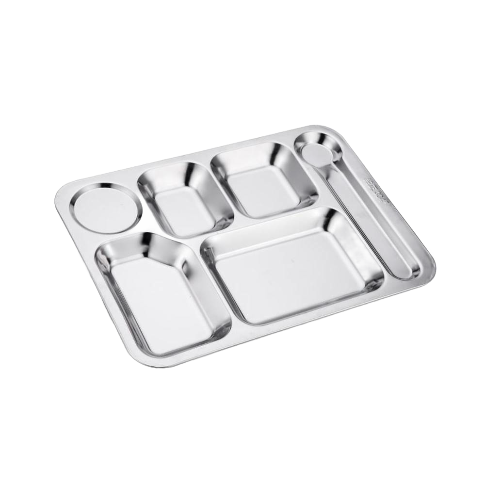Durable stainless steel tray with six compartments including sections for food, drink, and utensils, designed for Kitchen & Food, Dinnerware, Best Sellers, Promo Eligible, and Sale collections.