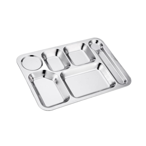 Durable stainless steel tray with six compartments including sections for food, drink, and utensils, designed for Kitchen & Food, Dinnerware, Best Sellers, Promo Eligible, and Sale collections.