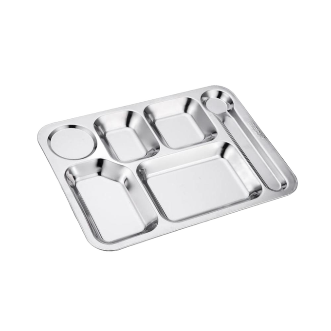 Durable stainless steel tray with six compartments including sections for food, drink, and utensils, designed for Kitchen & Food, Dinnerware, Best Sellers, Promo Eligible, and Sale collections.