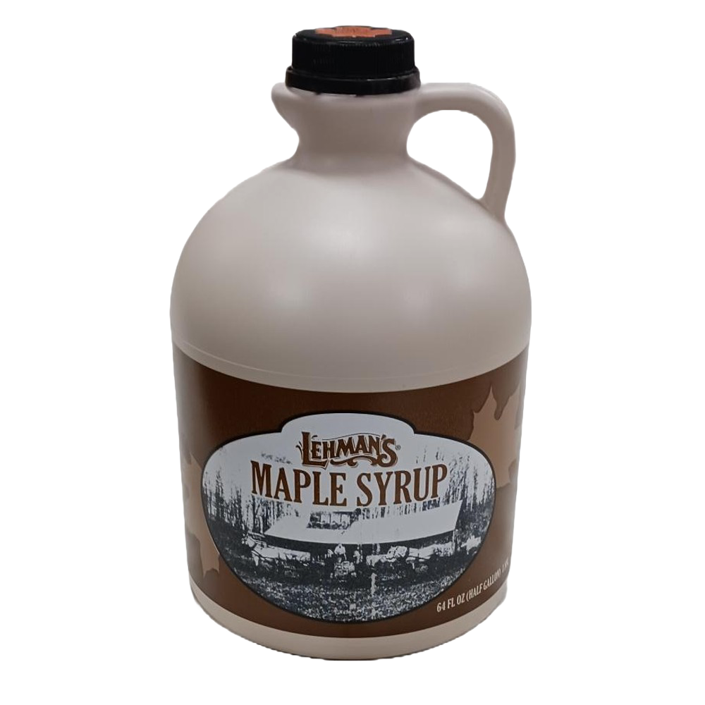 Handcrafted beige jug of medium amber maple syrup with a brown vintage-style label featuring a historic sugar shed, perfect for Kitchen & Food, Pantry, USA Made, Best Sellers, and Promo Eligible collections.