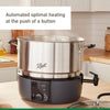 Electric water bath canner with stainless steel pot and black base featuring digital controls and a spigot, designed for easy home food preservation in kitchen and canning collections.