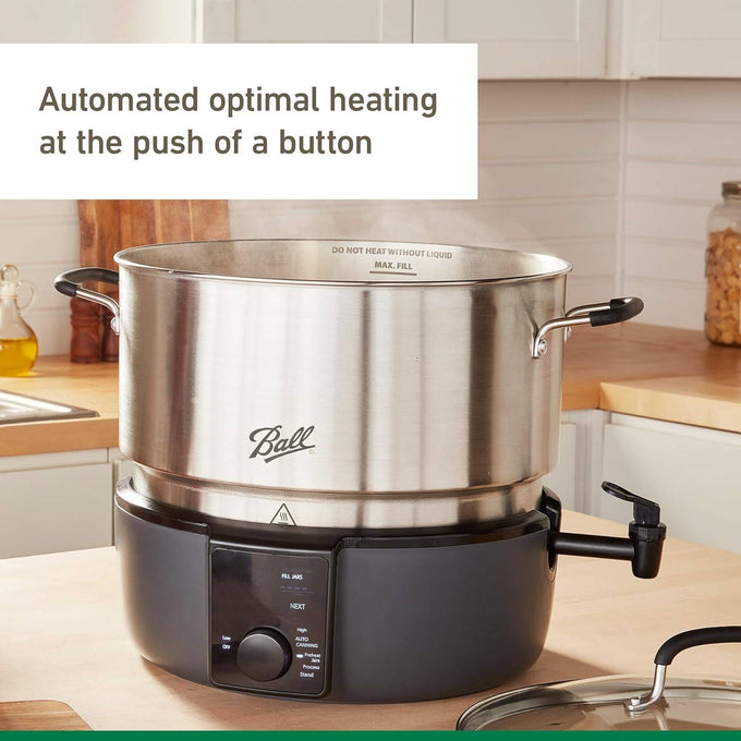 Electric water bath canner with stainless steel pot and black base featuring digital controls and a spigot, designed for easy home food preservation in kitchen and canning collections.