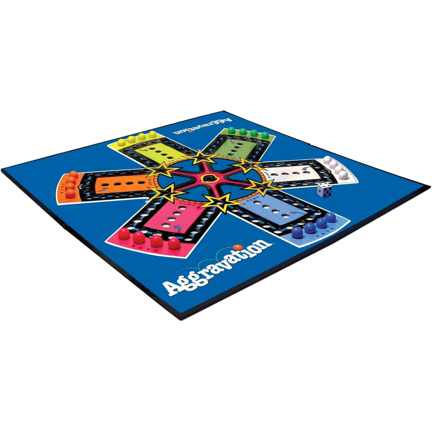 Vintage-style Aggravation game board with bright colored paths and marbles arranged in six sections on a blue background, perfect for Toys, Books & Games and family play collections.