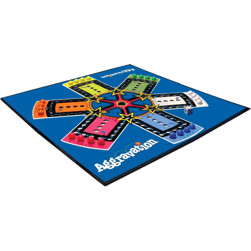 Vintage-style Aggravation game board with bright colored paths and marbles arranged in six sections on a blue background, perfect for Toys, Books & Games and family play collections.