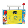 Vintage-style children’s toy radio with durable plastic body, bright yellow front featuring musical notes, and colorful illustrated sides, ideal for indoor play and best sellers collections.
