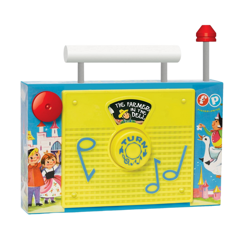 Vintage-style children’s toy radio with durable plastic body, bright yellow front featuring musical notes, and colorful illustrated sides, ideal for indoor play and best sellers collections.