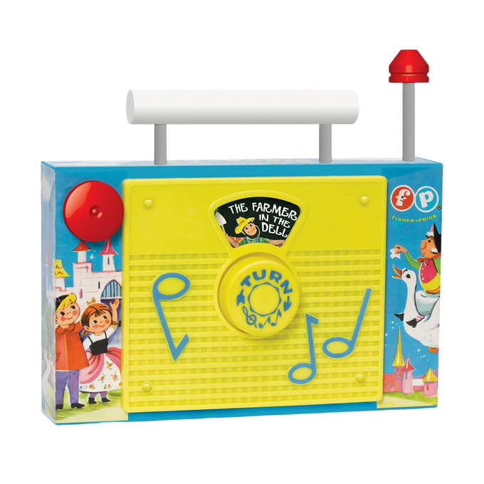 Vintage-style children’s toy radio with durable plastic body, bright yellow front featuring musical notes, and colorful illustrated sides, ideal for indoor play and best sellers collections.