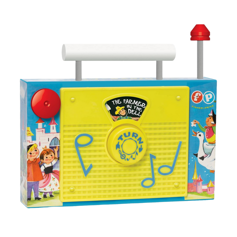 Vintage-style children’s toy radio with durable plastic body, bright yellow front featuring musical notes, and colorful illustrated sides, ideal for indoor play and best sellers collections.