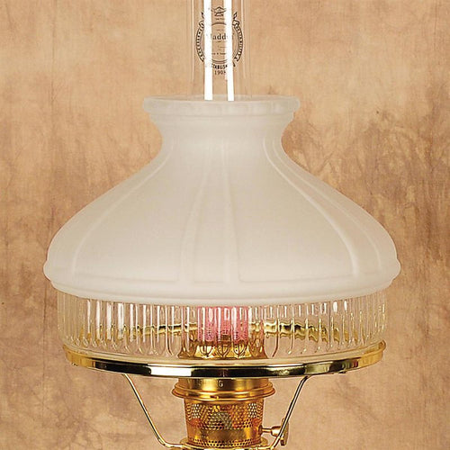 Handcrafted frosted white glass oil lamp shade with ribbed textured band and brass fittings, featured in Lamps & Lighting, Parts and Accessories, Lamp Shades, and Best Sellers collections.