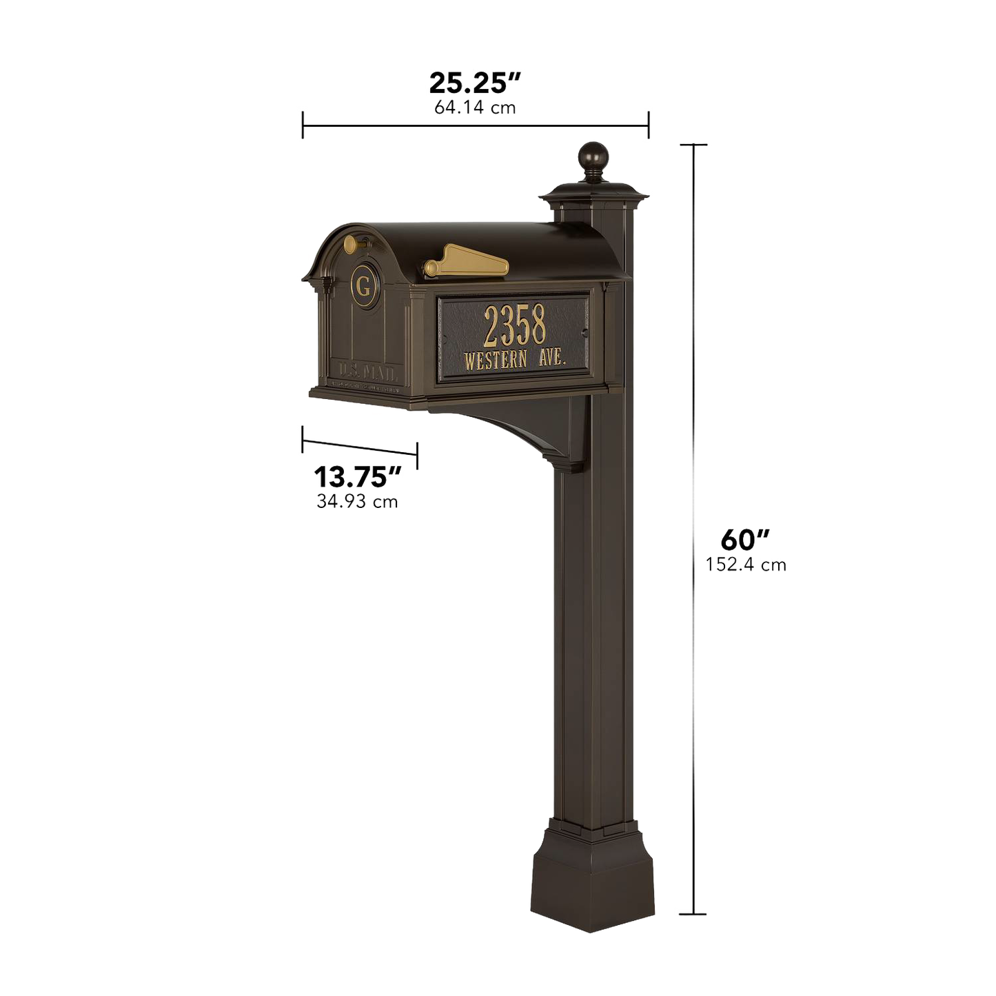 Black and gold personalized mailbox with monogram and street address plaque mounted on a matching post, handcrafted in the USA, ideal for home decor and mailboxes collections.