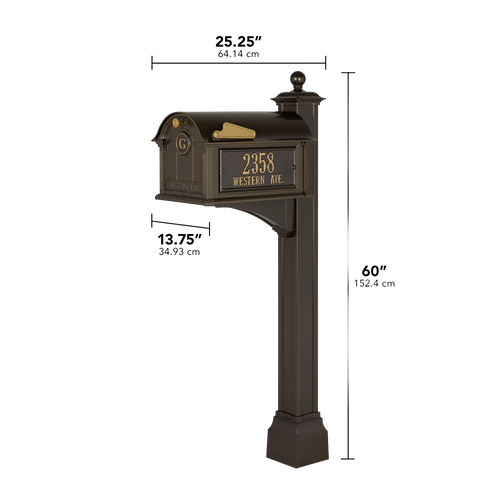 Black and gold personalized mailbox with monogram and street address plaque mounted on a matching post, handcrafted in the USA, ideal for home decor and mailboxes collections.