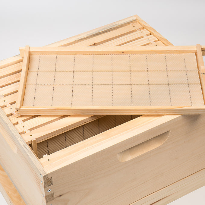 Handcrafted wooden 10-frame beehive components including frames with foundation sheets and a deep box, Amish made and featured in Farm, Garden & Tool and Beekeeping Supplies collections.