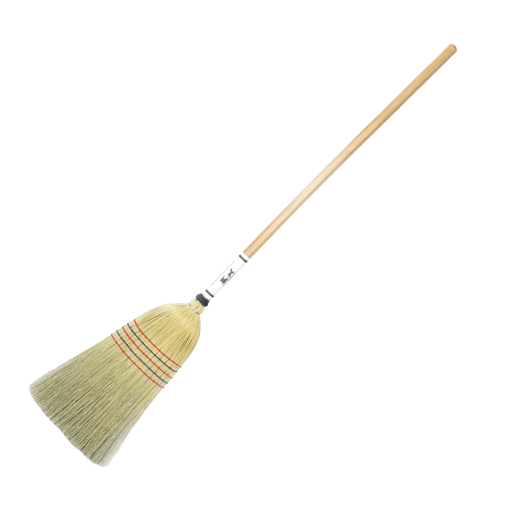 Handcrafted Amish made large corn straw broom with extra-long bristles and wooden handle, ideal for tough cleaning tasks in farm, garden, and household use.