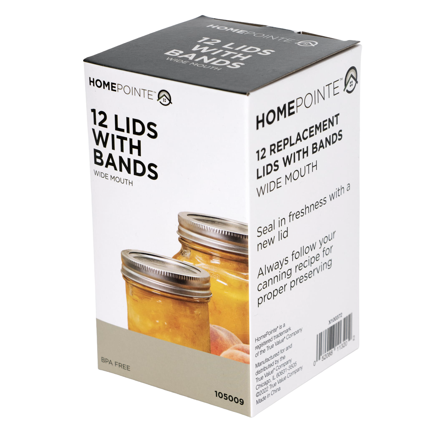 Box of 12 wide-mouth replacement lids with metal screw bands and BPA-free sealing compound, featured for Kitchen & Food, Food Preservation, Canning, and Best Sellers collections.