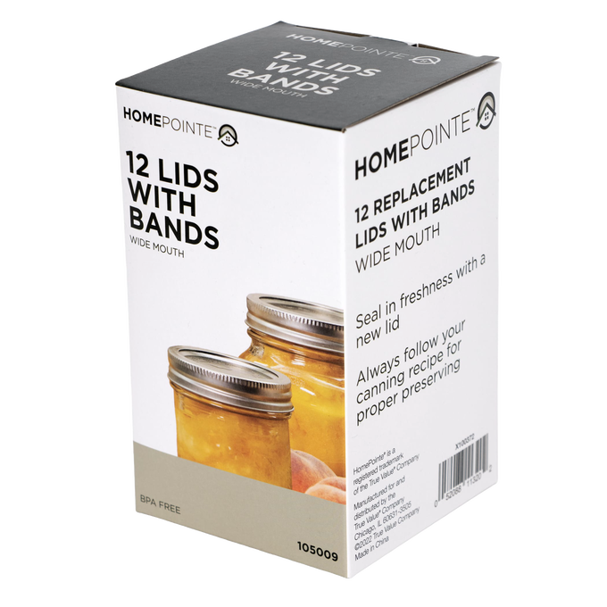 Box of 12 wide-mouth replacement lids with metal screw bands and BPA-free sealing compound, featured for Kitchen & Food, Food Preservation, Canning, and Best Sellers collections.