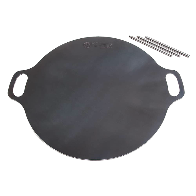 Round steel cooking griddle with integrated handles and three detachable legs, crafted for stable outdoor grilling and frying in Farm, Garden & Tool, Camping, Best Sellers, and Promo Eligible collections.