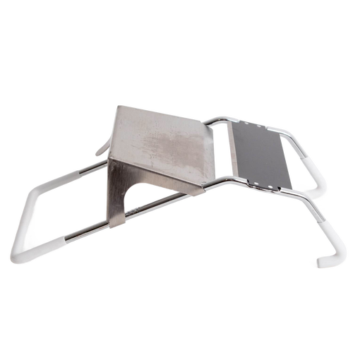 Handcrafted mandoline-style vegetable slicer with stainless steel blade and white frame, designed for uniform slicing in Kitchen & Food, Food Prep, Choppers and Cutters collections.