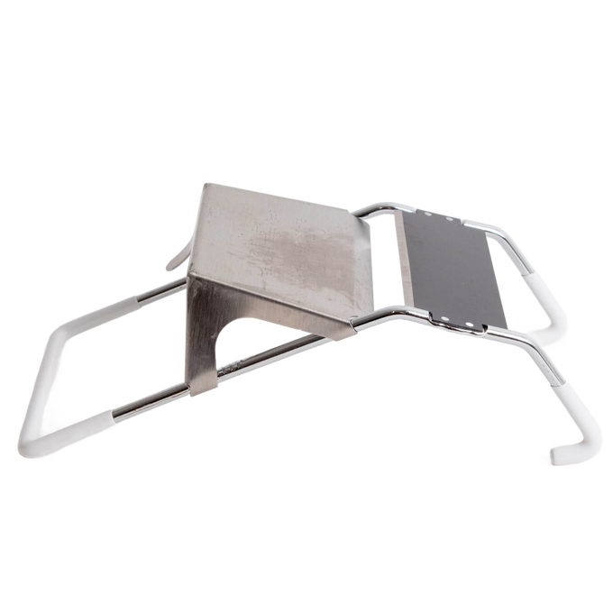 Handcrafted mandoline-style vegetable slicer with stainless steel blade and white frame, designed for uniform slicing in Kitchen & Food, Food Prep, Choppers and Cutters collections.