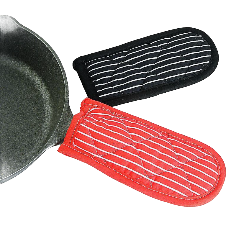 Set of two padded kitchen handle covers in red and black stripes with quilted design, protecting hands from heat up to 350°F, ideal for cast iron cookware in Kitchen & Food and Best Sellers collections.