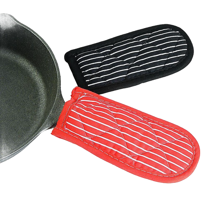 Set of two padded kitchen handle covers in red and black stripes with quilted design, protecting hands from heat up to 350°F, ideal for cast iron cookware in Kitchen & Food and Best Sellers collections.