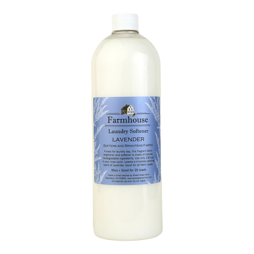 Tall bottle of handcrafted lavender-scented fabric softener made in USA small batches, designed to soften and brighten fabrics gently, ideal for Home & Decor and Laundry Supplies collections.
