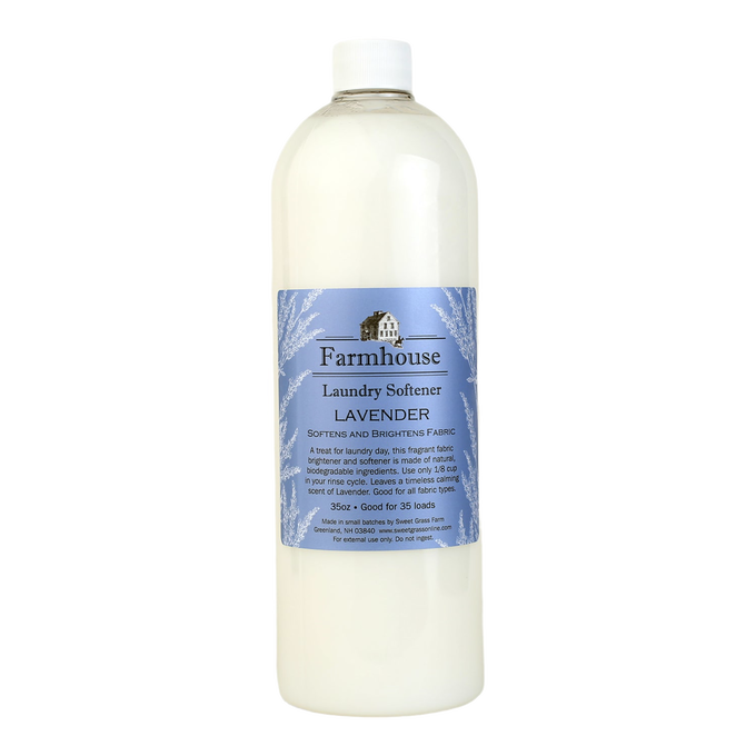 Tall bottle of handcrafted lavender-scented fabric softener made in USA small batches, designed to soften and brighten fabrics gently, ideal for Home & Decor and Laundry Supplies collections.