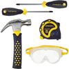Child-sized 5-piece toolset including a hammer, Phillips and flat screwdrivers, 10-foot tape measure, and clear safety goggles with yellow and black rubber grips, suitable for indoor play and hand tools collections.