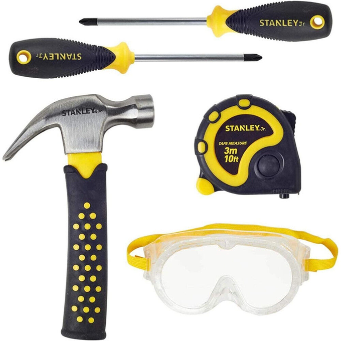 Child-sized 5-piece toolset including a hammer, Phillips and flat screwdrivers, 10-foot tape measure, and clear safety goggles with yellow and black rubber grips, suitable for indoor play and hand tools collections.