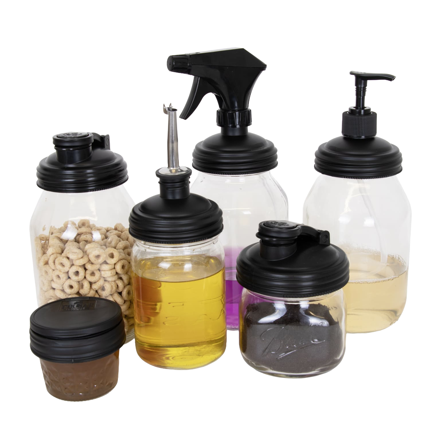 Seven-piece set of handcrafted black reusable lids designed for Mason jars, including pump, spray, flip-top, and screw-top styles, ideal for Home & Decor, Household Helpers, and USA Made collections.