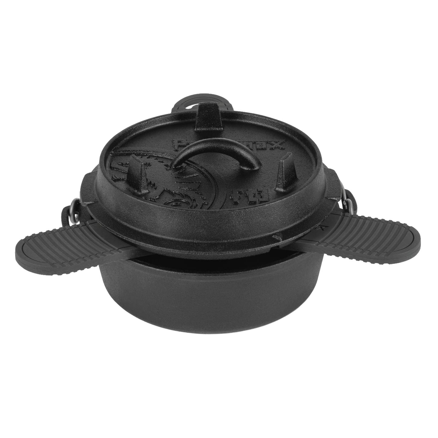 Black silicone trivet with textured grip wings, designed to hold hot Dutch oven lids and pans securely, suitable for use in Farm, Garden & Tool, Kitchen & Food, Camping, and Cast Iron collections.