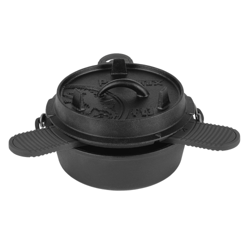 Black silicone trivet with textured grip wings, designed to hold hot Dutch oven lids and pans securely, suitable for use in Farm, Garden & Tool, Kitchen & Food, Camping, and Cast Iron collections.