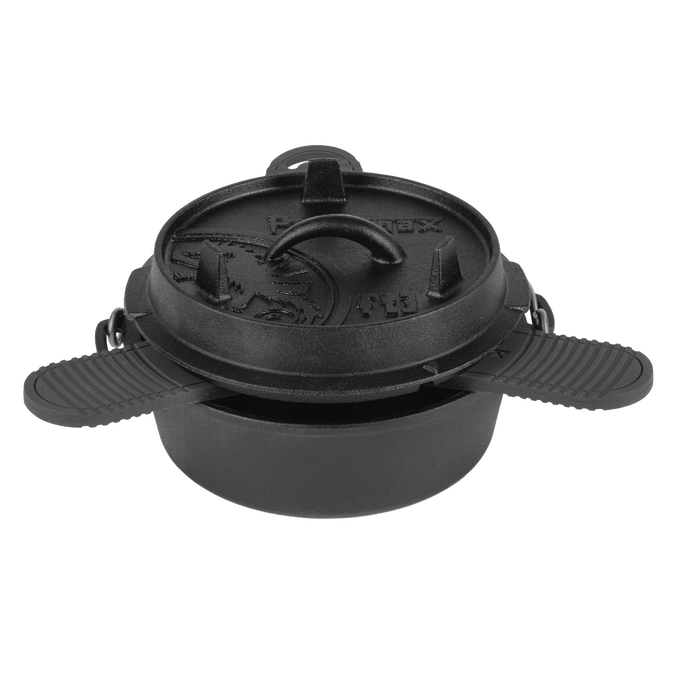Black silicone trivet with textured grip wings, designed to hold hot Dutch oven lids and pans securely, suitable for use in Farm, Garden & Tool, Kitchen & Food, Camping, and Cast Iron collections.