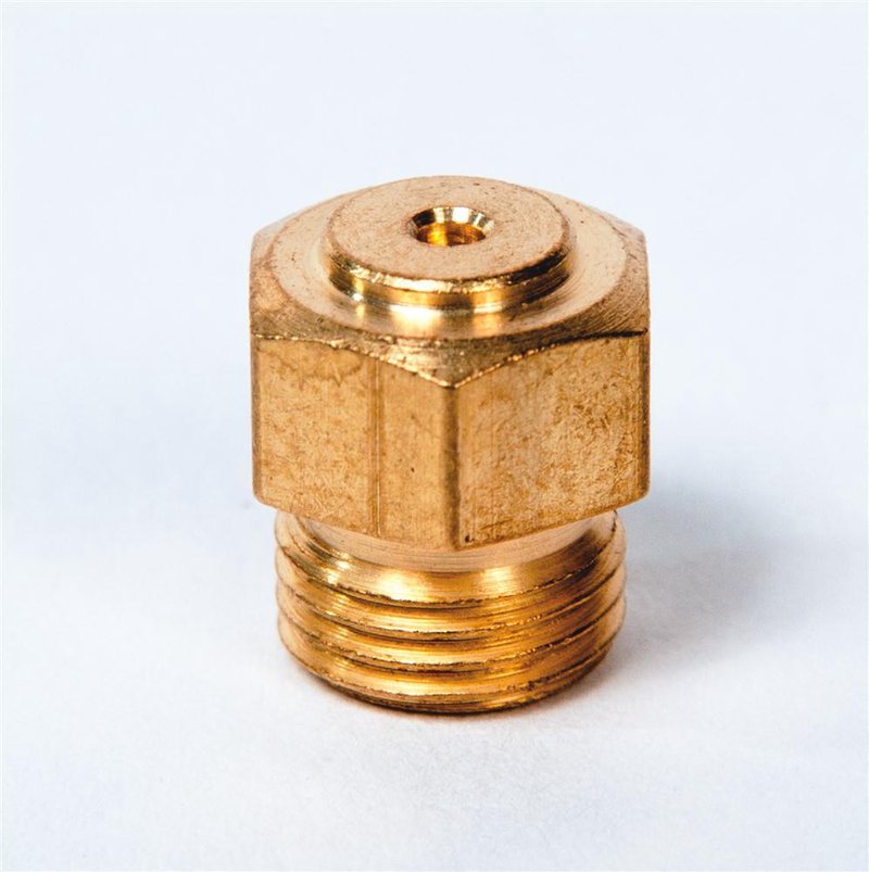 Close-up of a small brass propane orifice for gas lighting, featuring threaded base and hexagonal body, ideal for Lamps & Lighting, Gas Lights, Best Sellers, and Promo Eligible collections.