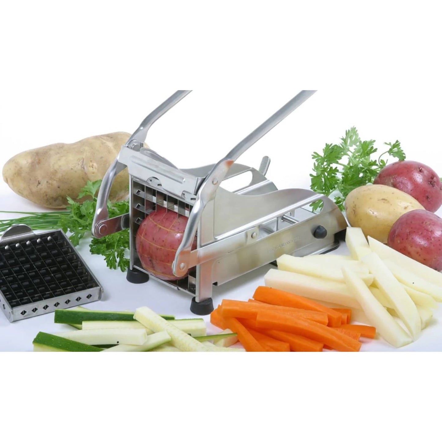 Stainless steel French fry cutter with suction cup base for stability, slicing potatoes and vegetables into uniform sticks, ideal for Kitchen & Food, Food Prep, Choppers and Cutters collections.