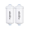 Pair of white water filter cartridges with blue seals and directional flow arrows, designed for advanced water treatment in emergency supplies and appliances collections.