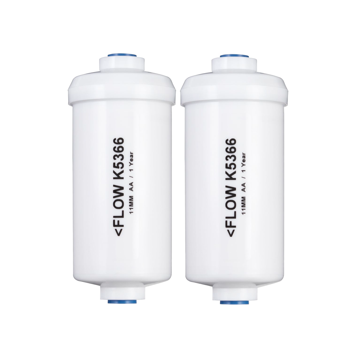 Pair of white water filter cartridges with blue seals and directional flow arrows, designed for advanced water treatment in emergency supplies and appliances collections.