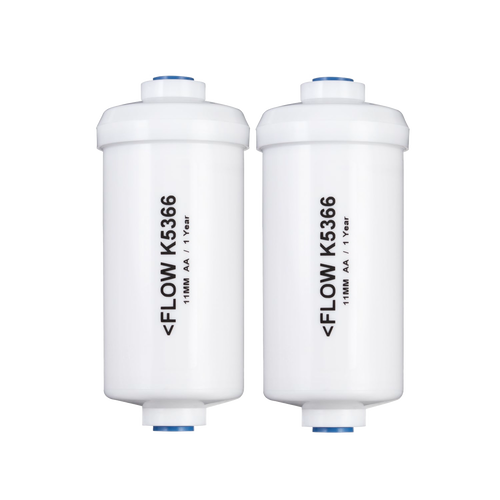 Pair of white water filter cartridges with blue seals and directional flow arrows, designed for advanced water treatment in emergency supplies and appliances collections.
