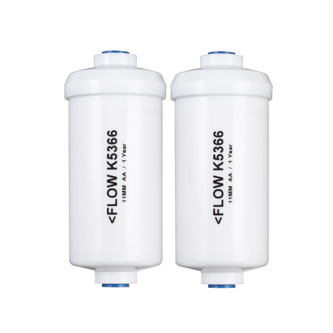 Pair of white water filter cartridges with blue seals and directional flow arrows, designed for advanced water treatment in emergency supplies and appliances collections.