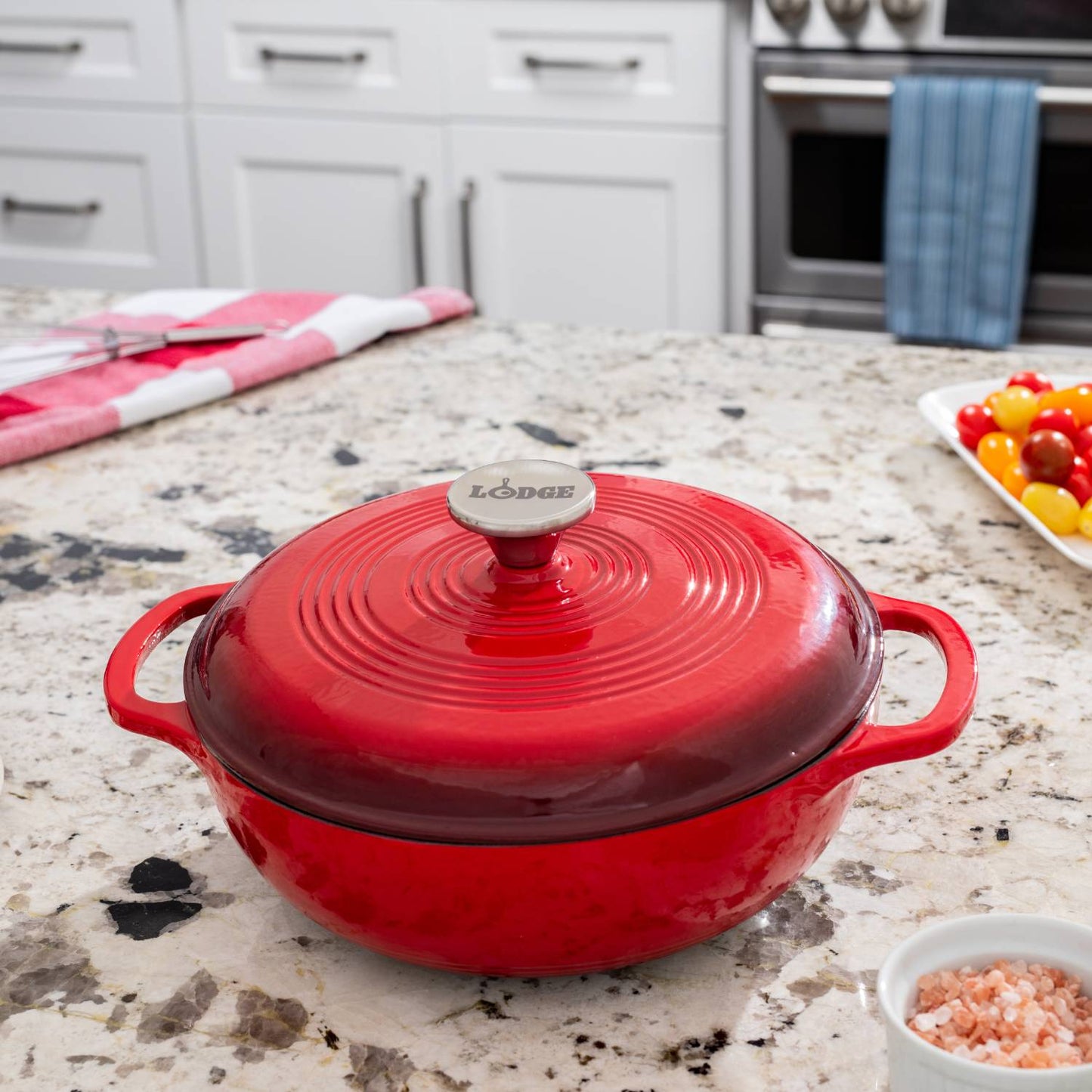 Handcrafted red enameled cast iron 3-quart Dutch oven with glossy finish and metal knob, perfect for broiling, braising, baking, or roasting, featured in Kitchen & Food, Cookware, Cast Iron, Best Sellers, Bread Making Supplies, and Promo Eligible collections.