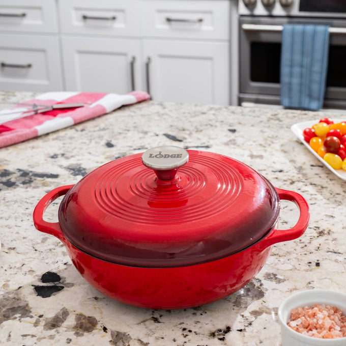 Handcrafted red enameled cast iron 3-quart Dutch oven with glossy finish and metal knob, perfect for broiling, braising, baking, or roasting, featured in Kitchen & Food, Cookware, Cast Iron, Best Sellers, Bread Making Supplies, and Promo Eligible collections.