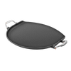 Handcrafted cast iron pizza pan with stainless steel handles featuring a hanging groove, designed for even heating and non-stick cooking, part of Kitchen & Food and Cookware collections.