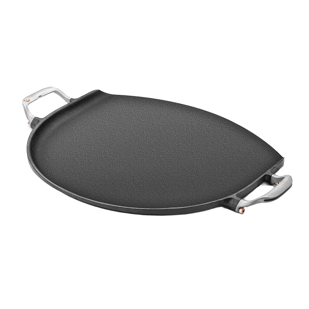 Handcrafted cast iron pizza pan with stainless steel handles featuring a hanging groove, designed for even heating and non-stick cooking, part of Kitchen & Food and Cookware collections.