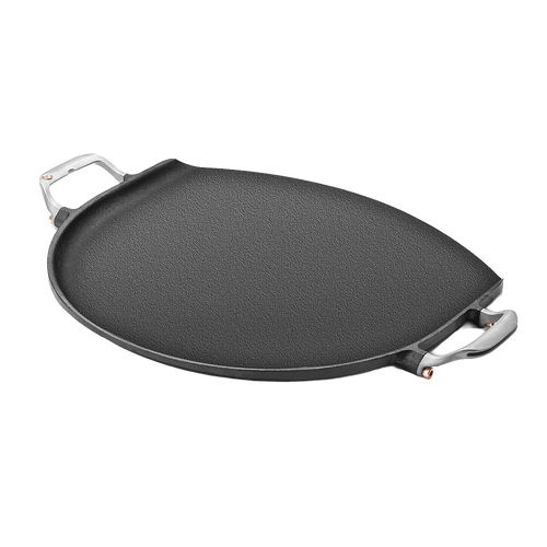 Handcrafted cast iron pizza pan with stainless steel handles featuring a hanging groove, designed for even heating and non-stick cooking, part of Kitchen & Food and Cookware collections.