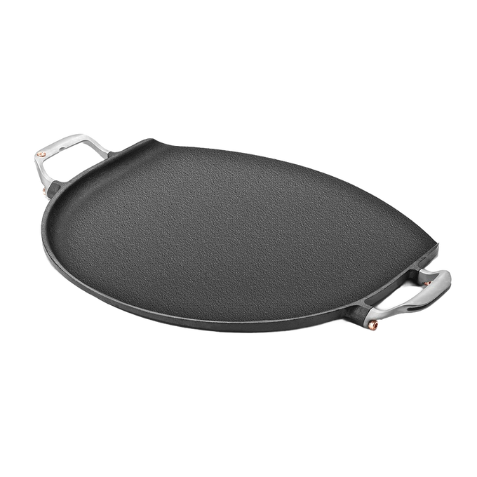 Handcrafted cast iron pizza pan with stainless steel handles featuring a hanging groove, designed for even heating and non-stick cooking, part of Kitchen & Food and Cookware collections.