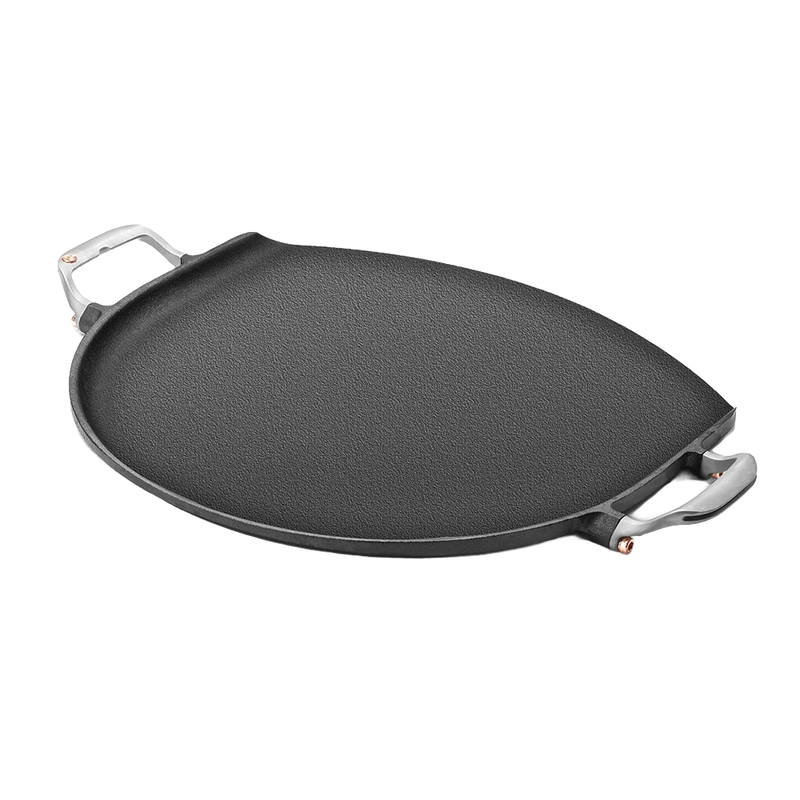 Handcrafted cast iron pizza pan with stainless steel handles featuring a hanging groove, designed for even heating and non-stick cooking, part of Kitchen & Food and Cookware collections.