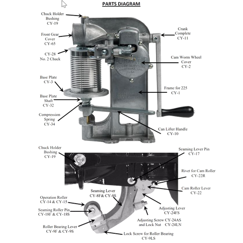 Metal hand-crank can sealer designed for sealing No. 2 cans, featuring durable hand-cast aluminum construction, labeled parts, ideal for food preservation and canning collections.