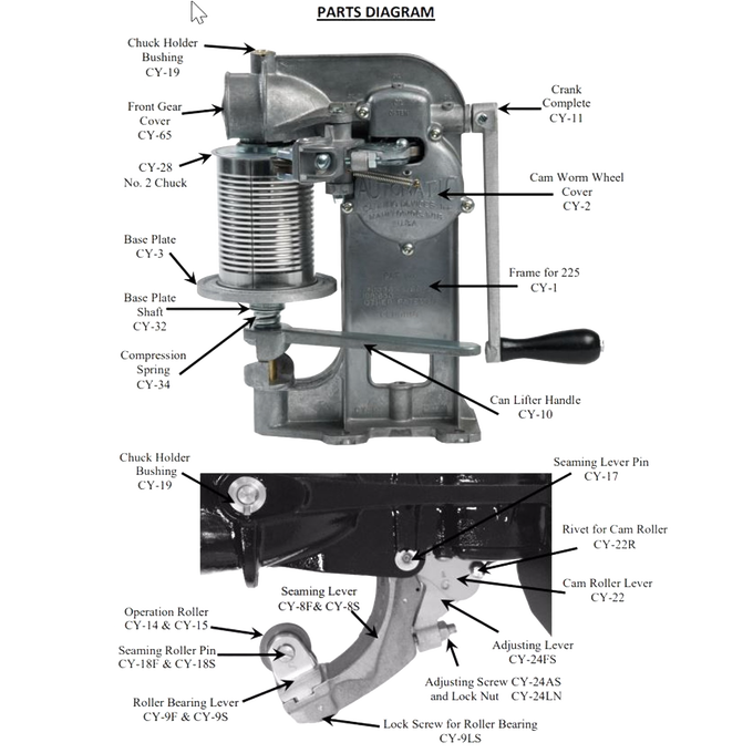 Metal hand-crank can sealer designed for sealing No. 2 cans, featuring durable hand-cast aluminum construction, labeled parts, ideal for food preservation and canning collections.